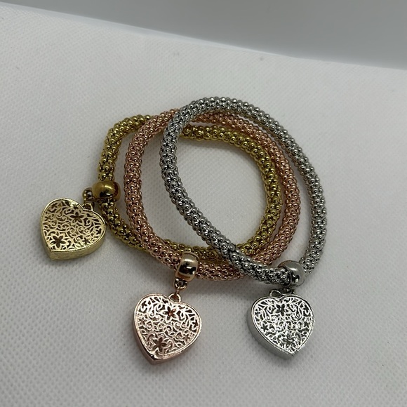 Fashion 3pc/set Rhinestone Charm Bangle Bracelets 3 Tone Gold Rose Silver - Picture 5 of 8